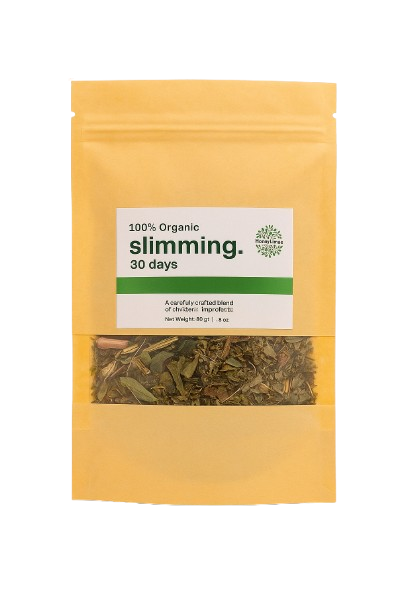 Yellow package of organic slimming tea with green herbs inside on a white background